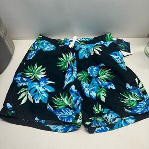 Kanu Surf Black and Blue Leaf Print Men's Athletic Shorts ER